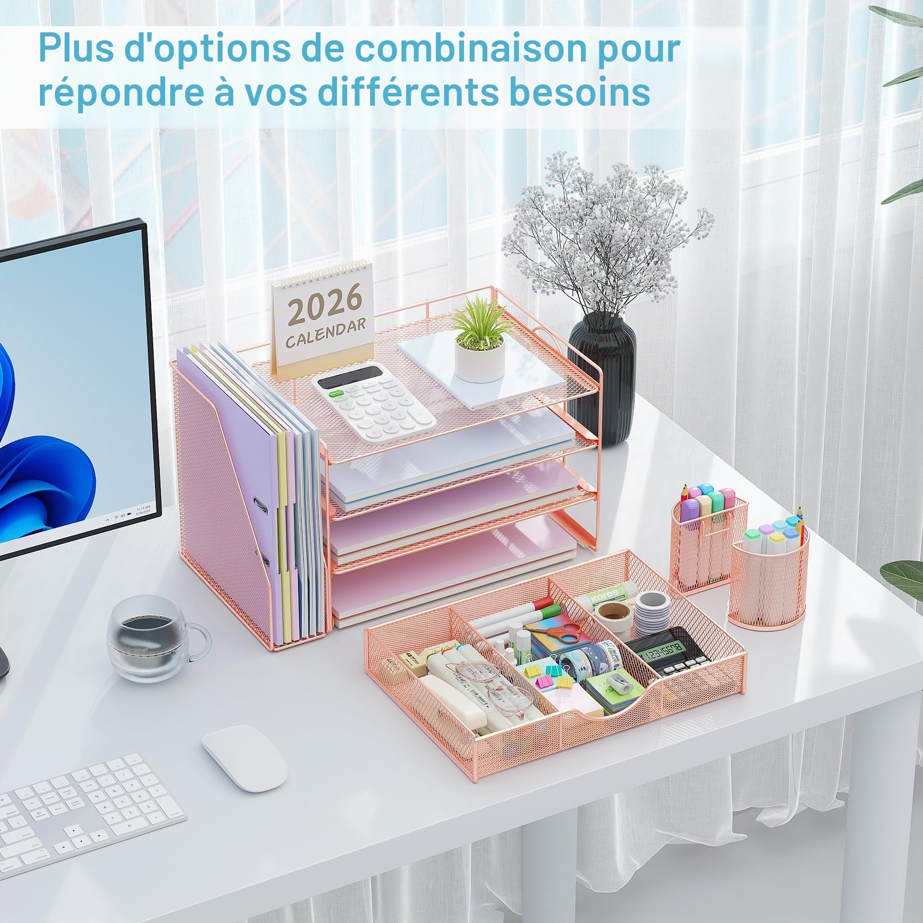 gianotter Bac à courrier avec Porte-fichiers, 4 Niveaux d’Accessoires de Bureau et Espace de Travail avec tiroir et 2 Porte-stylos pour Fournitures de Bureau, Or Rose