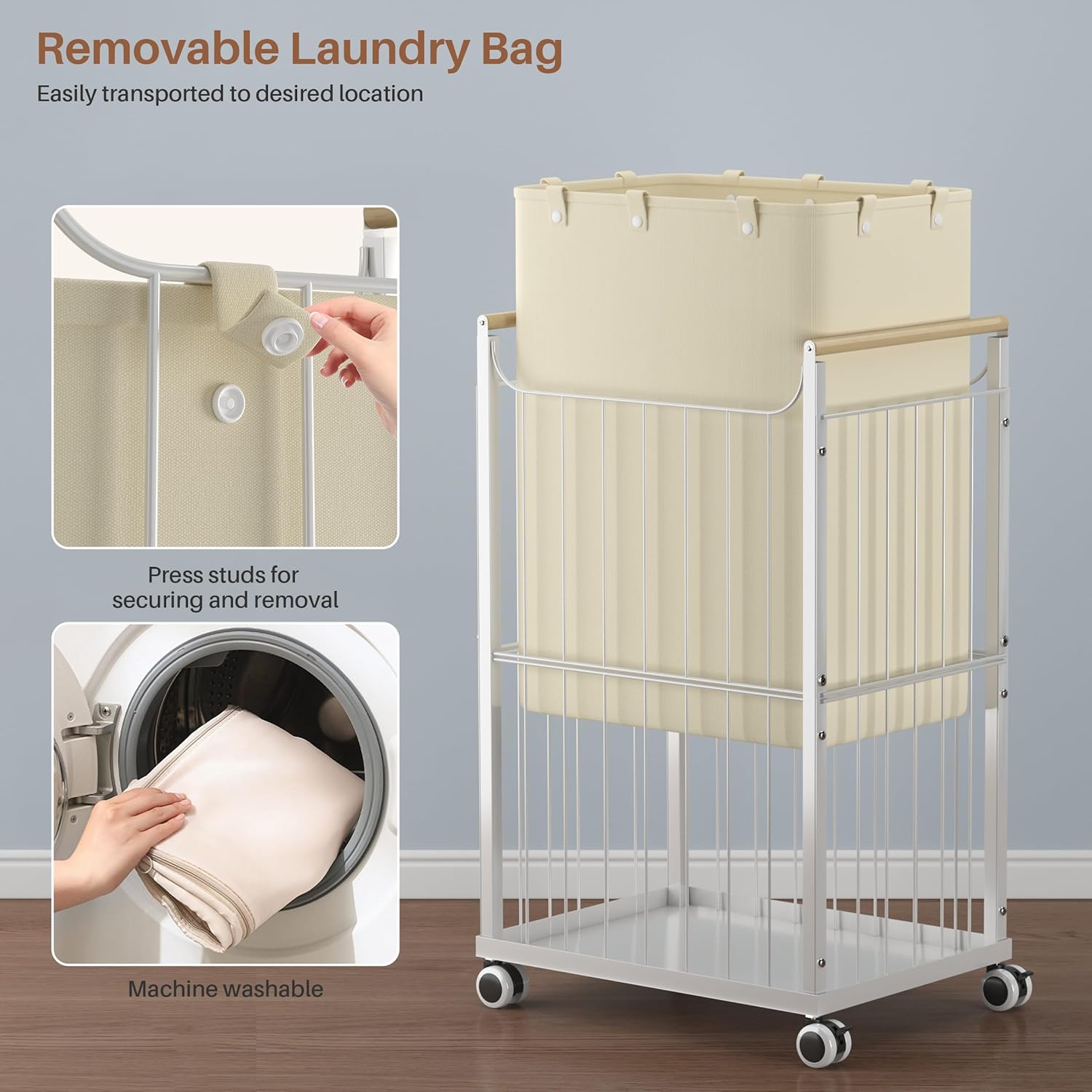 Laundry Hamper with Wheels,Laundry Basket with Wooden handle, Laundry Sorter with Removable Liner Bag,Suitable for Laundry Room, Bedroom,Bedroom(Beige, 78L)
