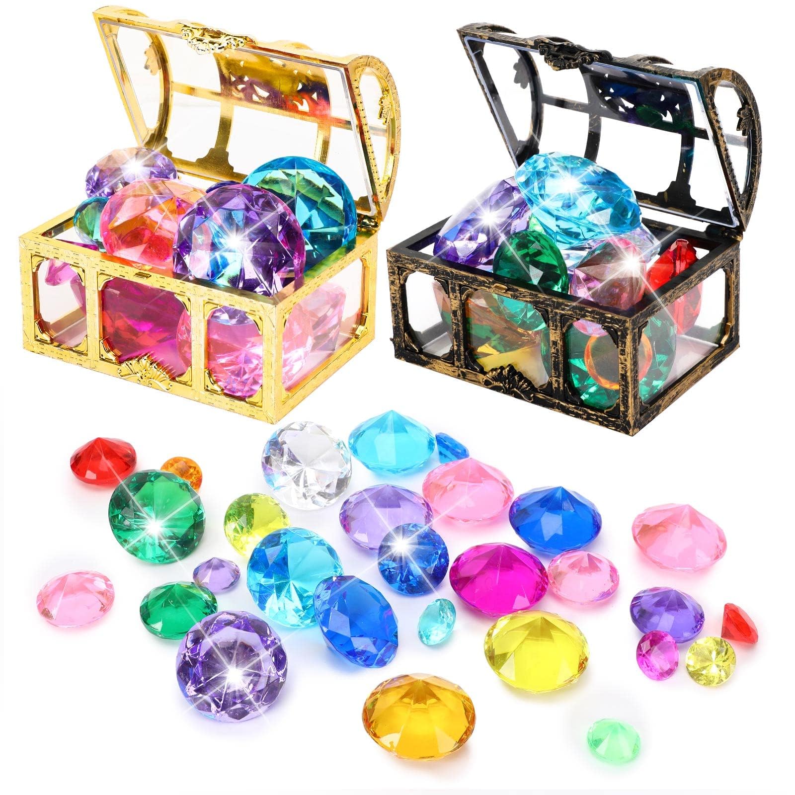 MARFOREVER 26 Pcs Diving Gem Pool Toys - 24 Colorful Big Acrylic Diamond Pool Gem Set with 2 Treasure Chest Pirate Boxes Summer Party Favors Underwater Gem Diving Dive Throw Toy Swimming Training Gift