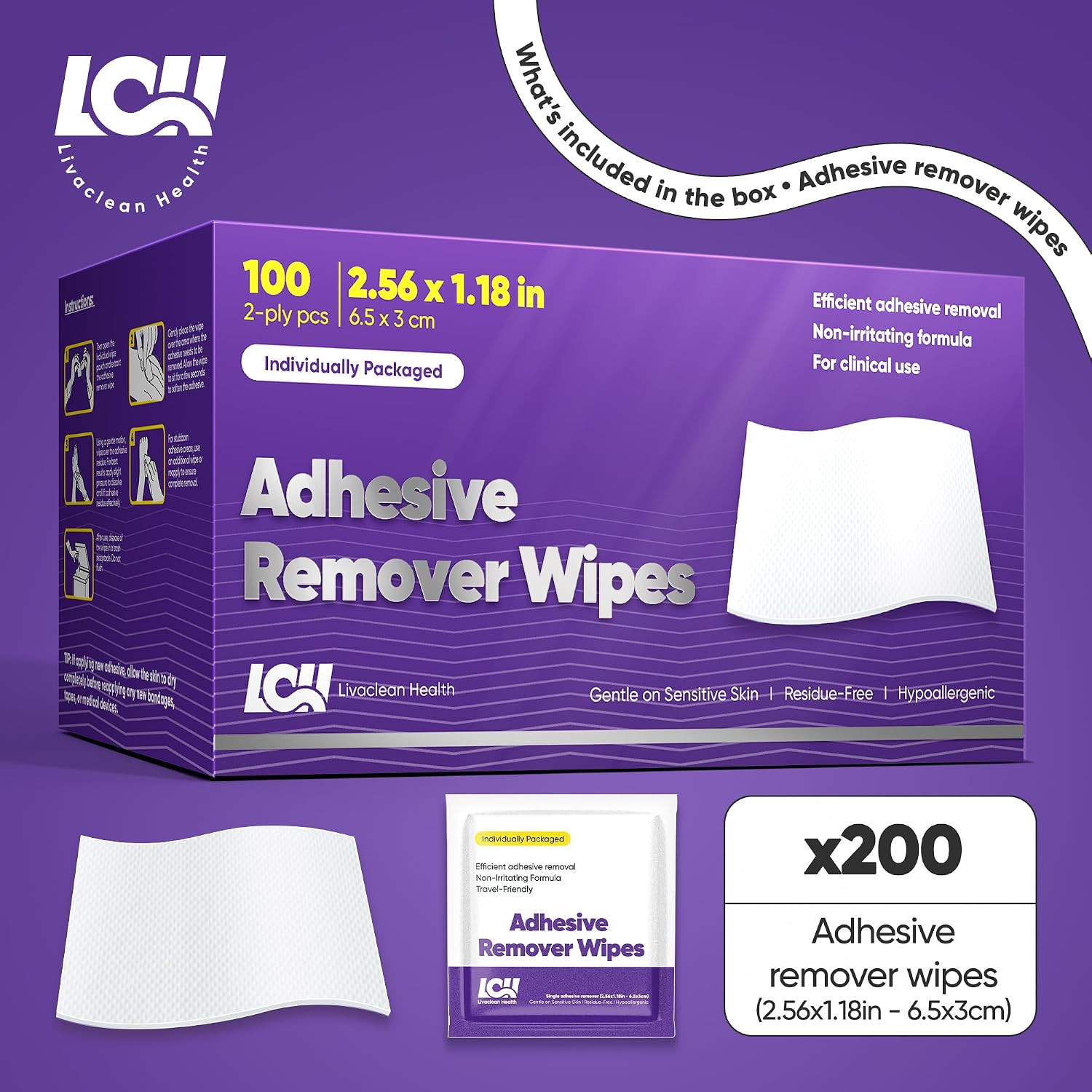 200 CT (2 Pack) Adhesive Remover Wipes – Sting-Free Skin Adhesive Remover for Sensitive Skin – 2 Ply 2.56x1.18in (6.5x3cm) – Medical Adhesive Remover for Bandage, Tape, Dressings, and Ostomy Residue