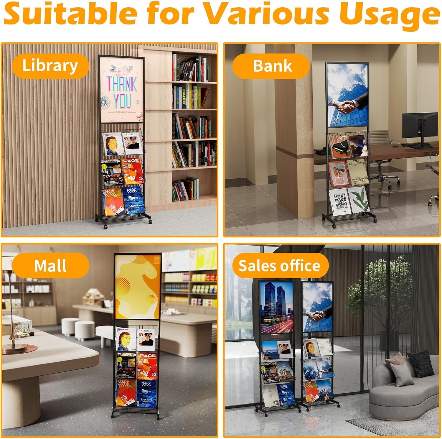 lesolar Floor-Standing Magazine Rack with Poster Board Stand, 4-tier Metal Magazine Rack with Wheels, Newspaper Holder, Book Brochure Display Stand, Poster Sign Holder for Exhibitions Store Business