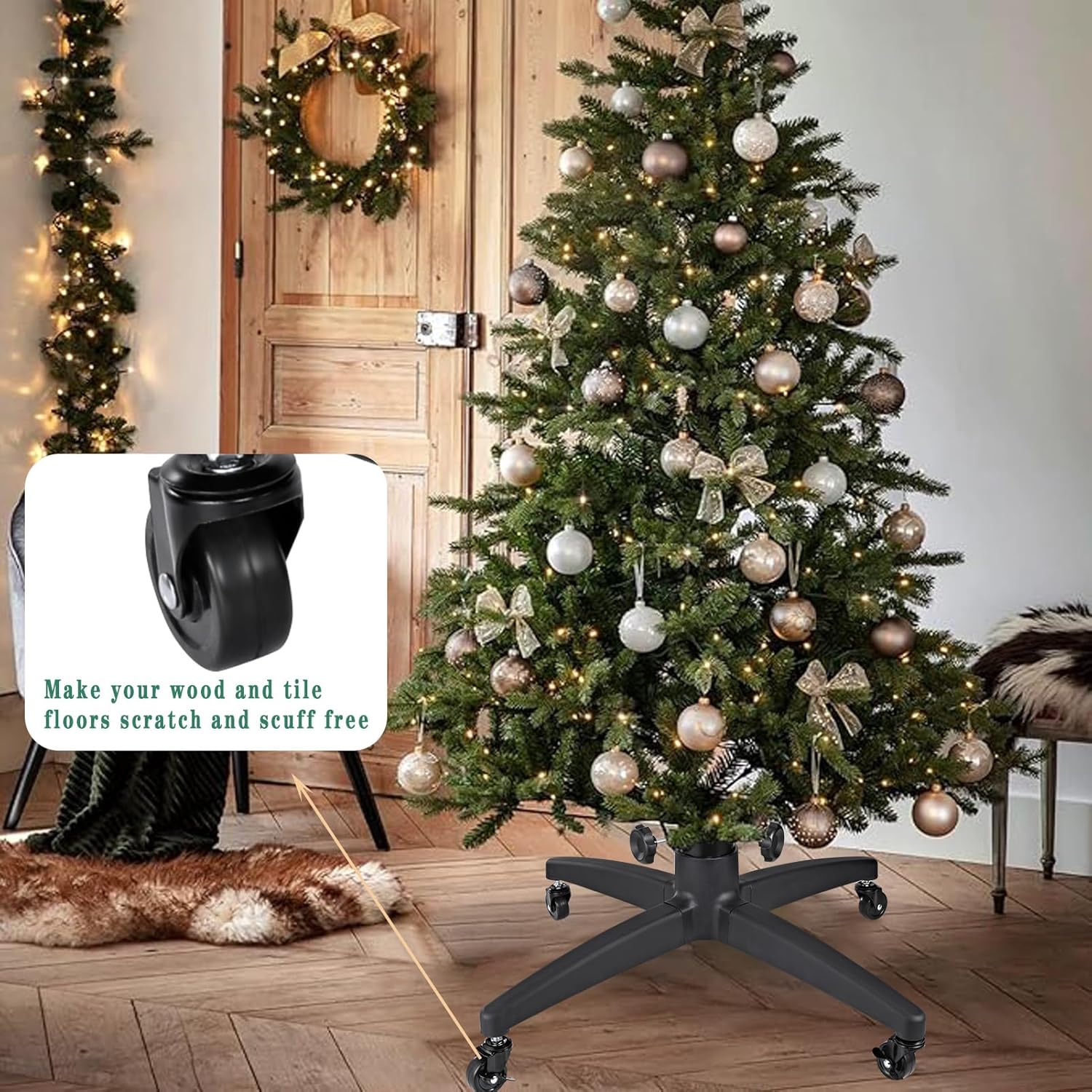 Rolling Artificial Christmas Tree Stand Base Movable Fake Tree Stand for Artificial Christmas Trees up to 7.5 feet Tall Green Skirt Set (Black, 31)