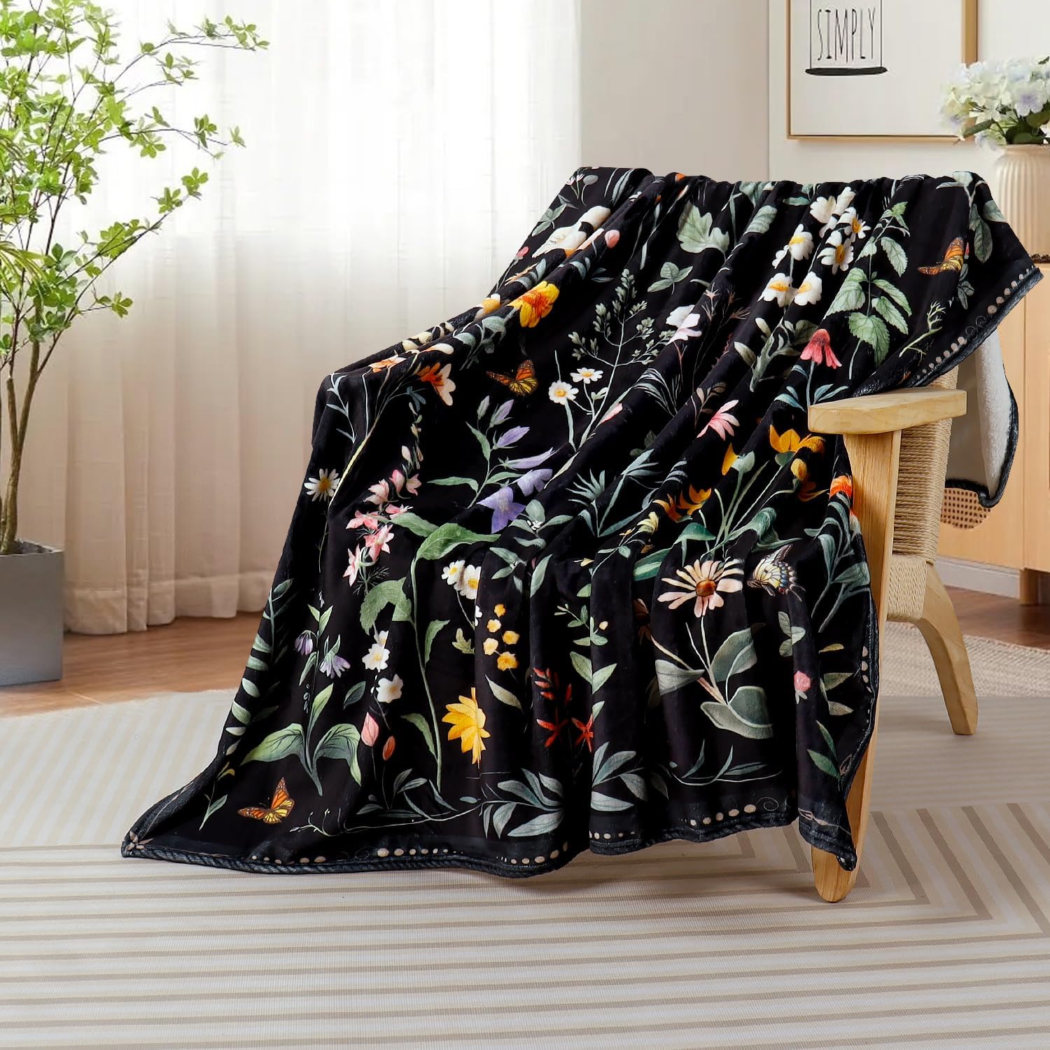 Spring Flowers Throw Blanket Black Vintage Floral Blankets Soft Cozy Flannel Fleece Plants Butterfly Print Bed Blankets for Bedding Sofa and Travel Camping 50" × 60" - Image 4