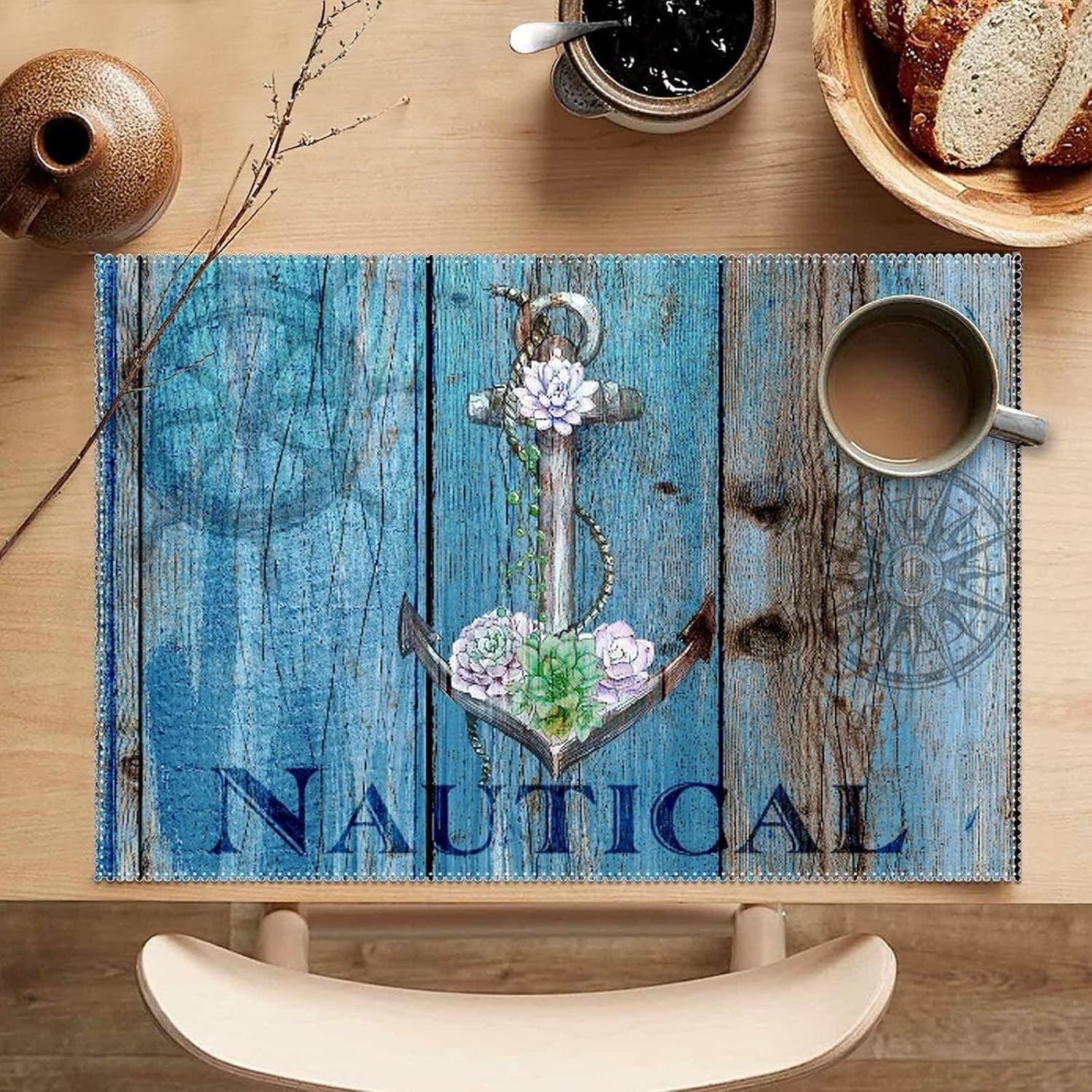 Nautical Anchor Rustic Vintage Placemats Set of 6 Nautical Sailing Farmhouse Table Mats Heat Resistant Washable Table Mats Outdoor Placemats Table Decor for Dining Kitchen Banquet
