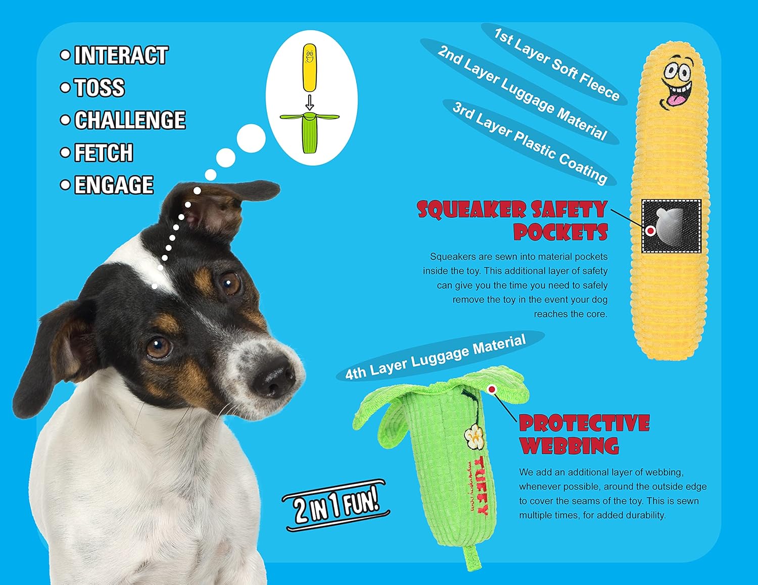 TUFFY - World's Tuffest Soft Dog Toy - Funny Food- 2-in-1 Toy -Multiple Layers. Made Durable, Strong & Tough. Interactive Play (Tug, Toss & Fetch). Machine Washable & Floats. (Combo Pack #4)