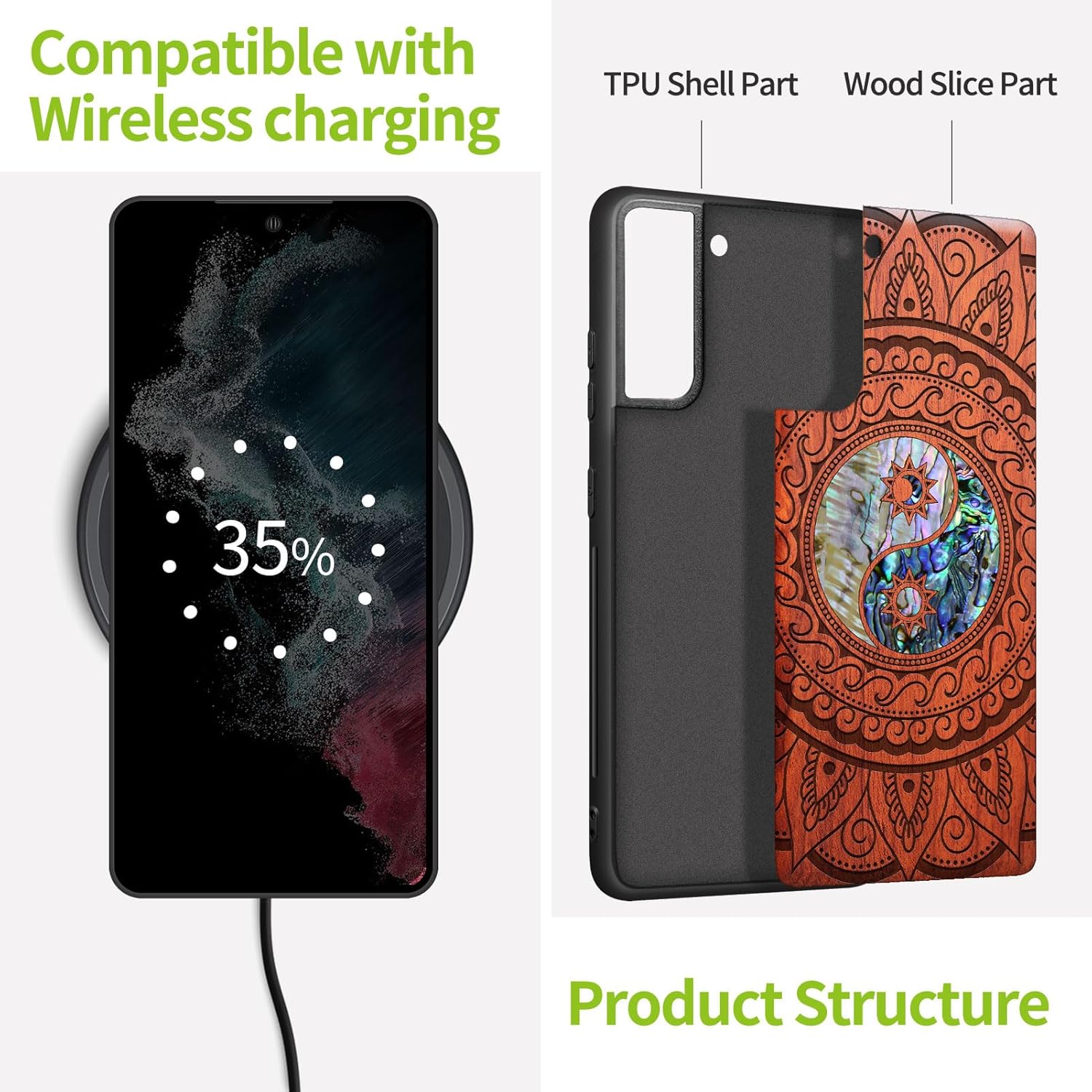 Carveit Designer Wooden Cover for Samsung Galaxy S22 Case [Wood Engraving & Shell Inlay] Compatible with Wireless Chargers Galaxy S22 (Yin Yang Paisley-Rosy)