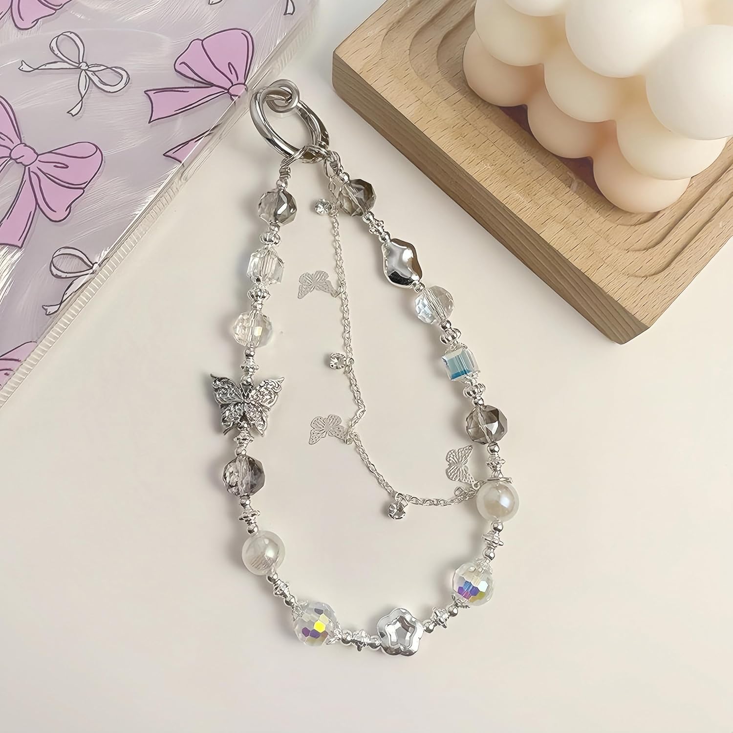 2Pcs Butterfly Charm Set , Y2K Phone Charm Wrist Strap, Bling Iridescent Crystal Beads Wrist Strap, Best Friends Gift for Women and Girls, Universal Rhinestone Beaded Lanyard, Phone Charms Pink, Keychains for Women, purse, Bag charms for handbags (1Gray & 1Pink) image 3