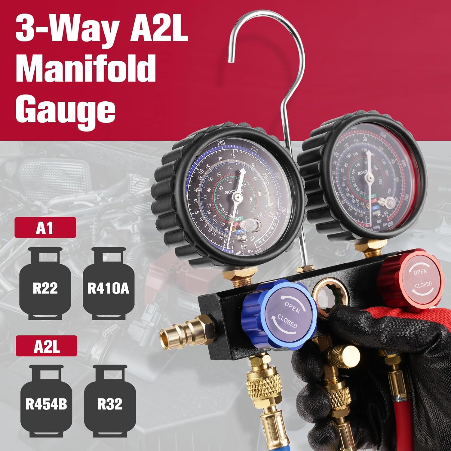 3-Way R454B AC Gauge Set, HVAC A2L Manifold Gauges for R454B/R32/R410A/R22 Refrigeran, AC Refrigerant Gauges Set with A2L/R410a Adapters, 5FT Hoses