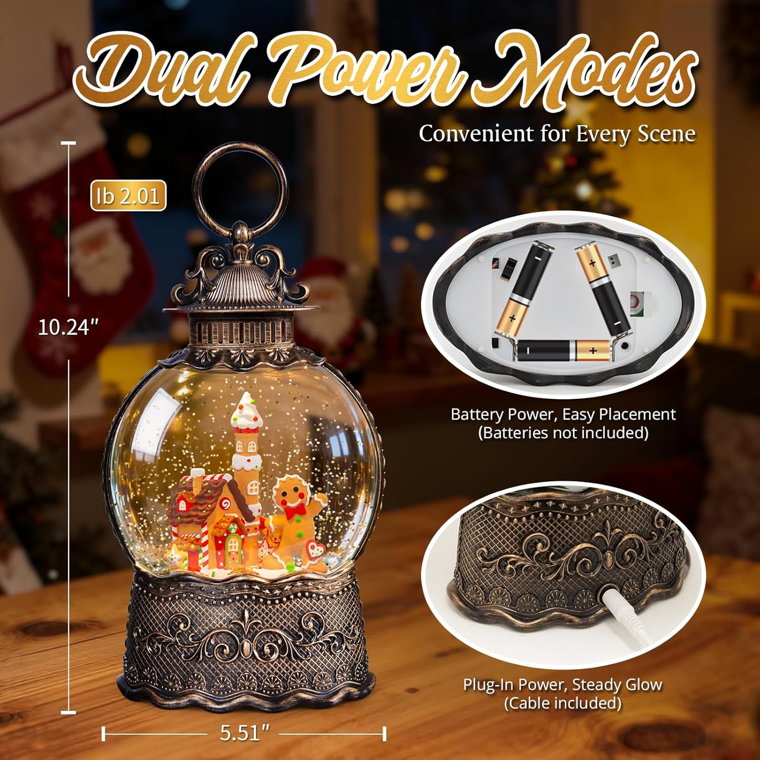 Gingerbread House Christmas Snow Globes, 10.24" Electric Light up Snow Globe Christmas, 8 Festive Songs 6H Timer & Dual Power, Musical Snowglobes Gingerbread Man Christmas Decorations Indoor Snowglobe