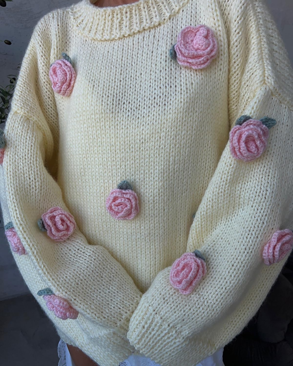 PDLCVD Damen-Pullover in Übergröße, handgefertigt, gehäkelter Aufkleber, 3D-Rose, Herbstpullover für Damen, Design inspirierter Pullover