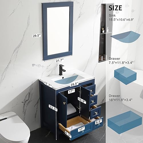 Miniatura 2 de LUCKWIND Combinación de tocador y lavabo de baño de 30 pulgadas, armario de baño pintado moderno con lavabo de cerámica, grifo, espejo y cajones,