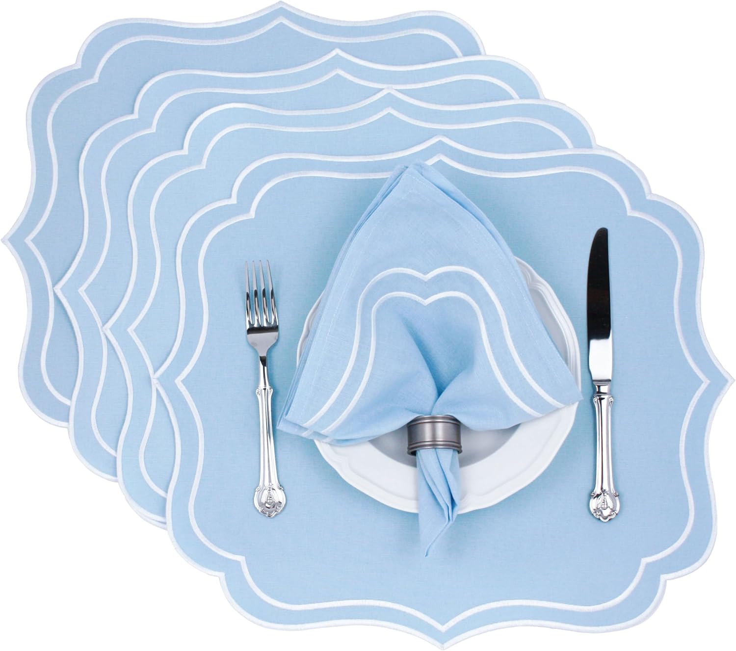Cotton Linen Placemats Set of 4 - Double Layered, Machine Washable, Wrinkle Resistance, Scalloped & Embroidered Cloth Table Mats - Wedding, Easter Mat, Giftable, 19 x 17 inch, Light Blue