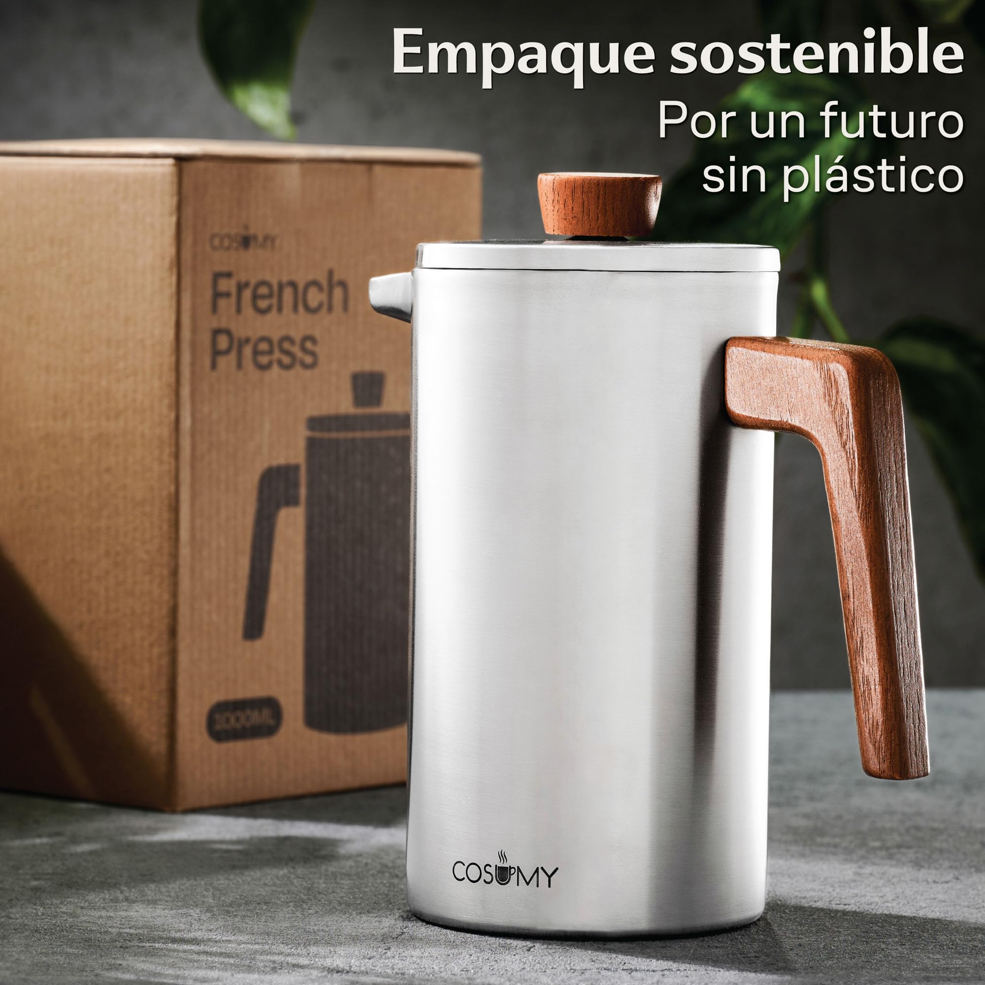 Cafetera Francesa 1L Acero Inoxidable Madera Roble Doble Pared Aislada 5 Tazas 2 Filtros