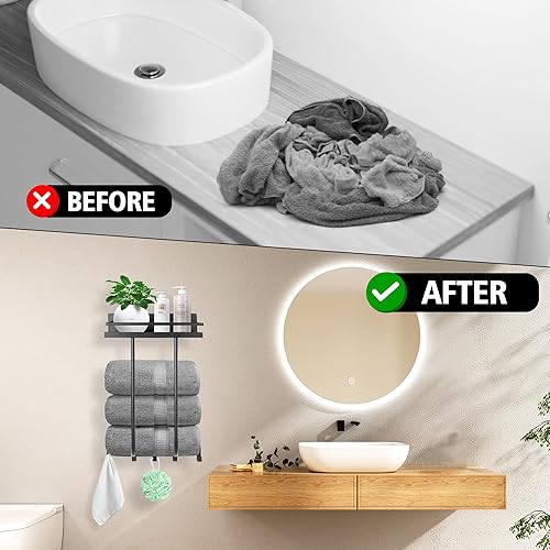 Miniatura 4 de Toalleros para baño, toallero montado en la pared con estante de metal y 5 ganchos para baño pequeño, toallero para baño, almacenamiento de toallas