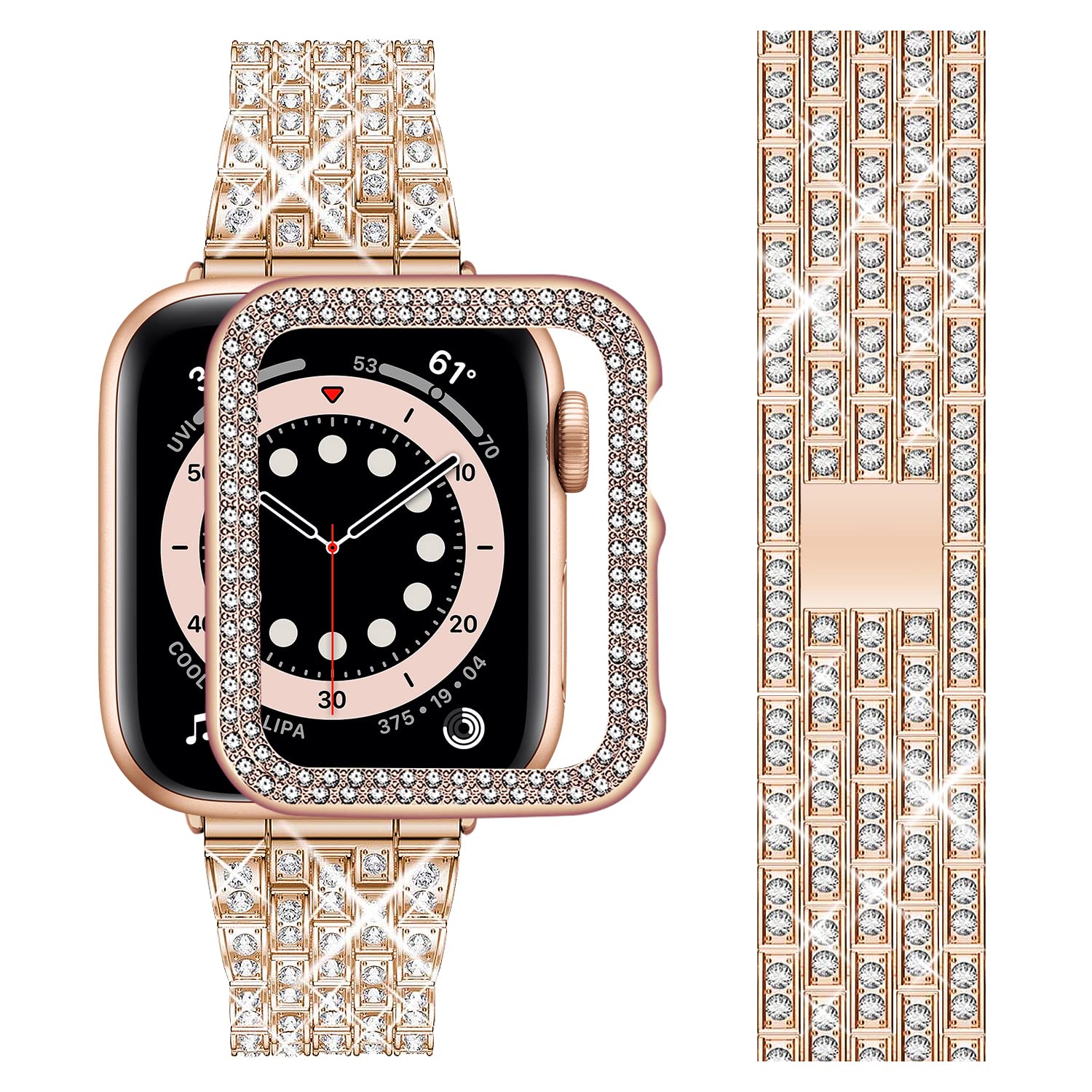 wutwukCompatible Apple Watch Straps Women 44mm and Bling Case Rose Gold Sparkling Metal iWatch Replacement Strap Diamond Rhinestone Wristband for Apple Watch Series SE 2 SE 6 5 4 44mm-Rose Gold