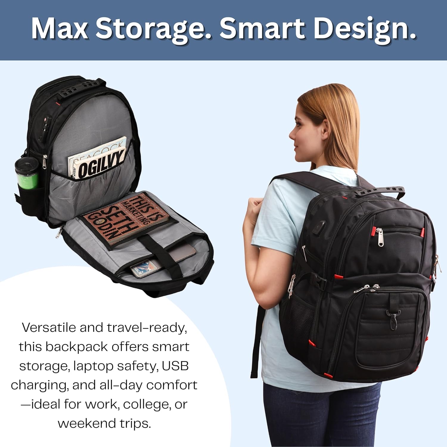 RELY+ Extra Large 50L Travel Laptop Backpack with USB Charging Port, College Backpack, Airline Approved Business Work Bag, Fits 17-Inch Computer for Men & Women