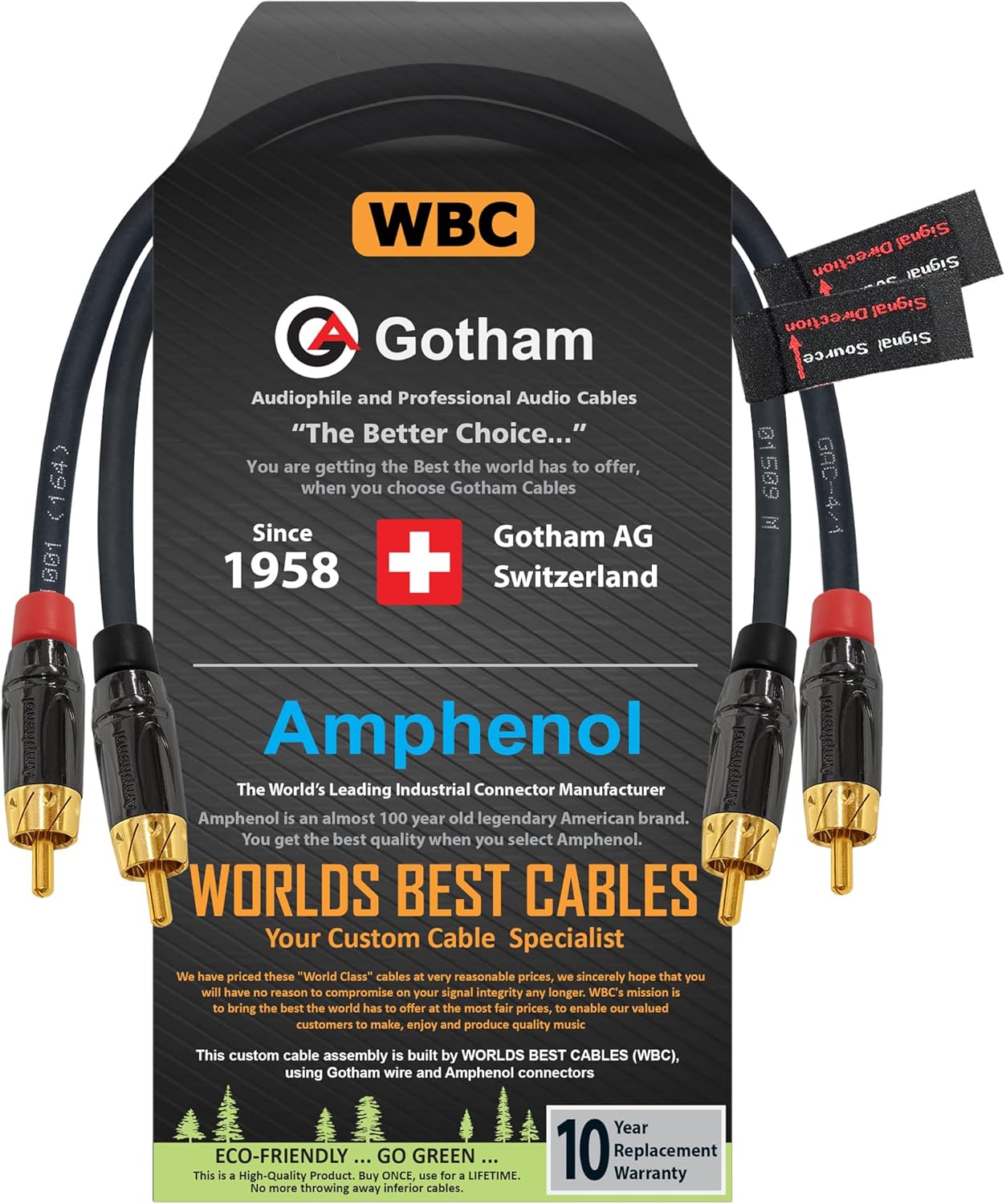 1.5 Foot RCA Cable Pair - Gotham GAC-4/1 (Black) Star-Quad Audio Interconnect Cable with Amphenol ACPL Black Chrome Body, Gold Plated RCA Connectors - Directional