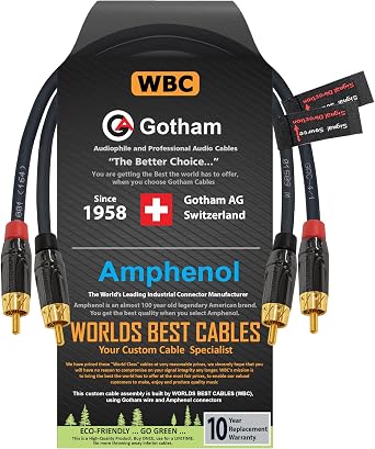 1.5 Foot RCA Cable Pair - Gotham GAC-4/1 Black Star-Quad Audio Interconnect Cable with Amphenol ACPL Black Chrome Body, Gold Plated RCA Connectors - Directional