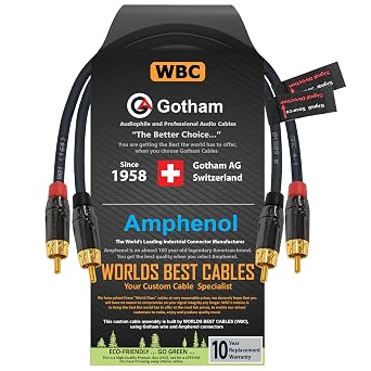 0.5 Foot RCA Cable Pair - Gotham GAC-4/1 Black Star-Quad Audio Interconnect Cable with Amphenol ACPL Black Chrome Body, Gold Plated RCA Connectors - Directional