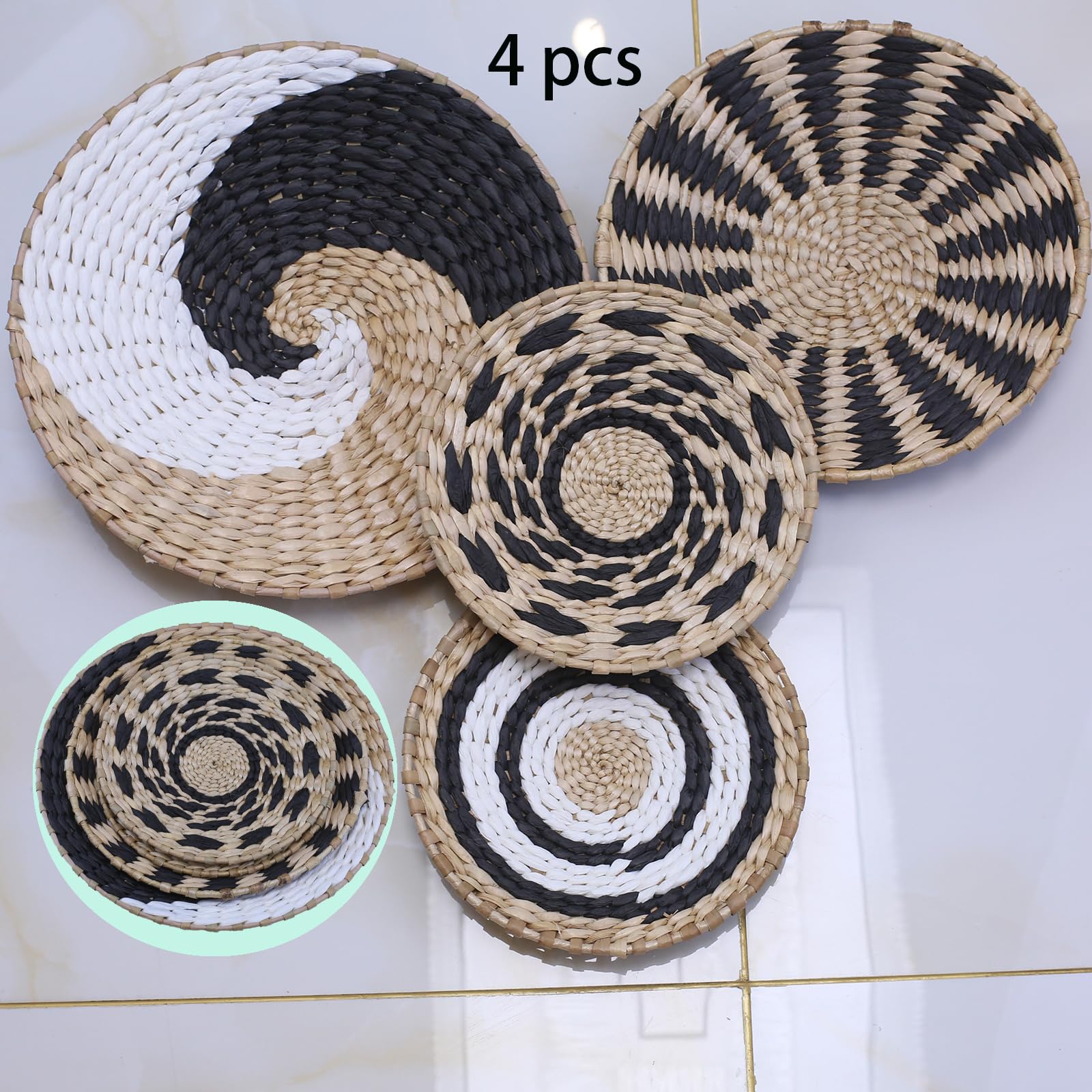 Cesto decorativo bohémien appeso a parete, cesto da parete in paglia fatto a mano, set di decorazioni per la casa da appendere a parete rotondo, vassoio per la decorazione della parete di sfondo (R)