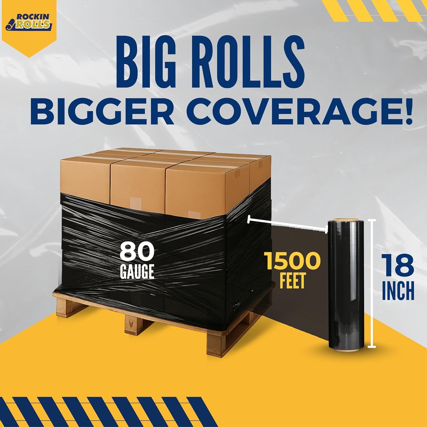 Stretch Film Wrap - Black, 18"x1500 ft, 80 Gauge – 4 Rolls Heavy Duty Pallet Wrap Stretch Wrap Roll for Packing, Moving & Shipping – Industrial Strength Durable Self Adhering Shrink Wrap Roll