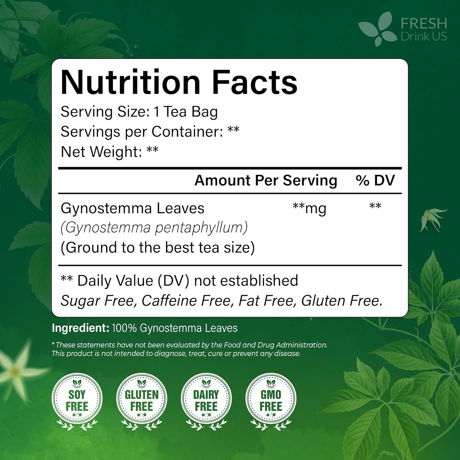 FreshDrinkUS, Premium Gynostemma Tea Bags (Jiaogulan) | 135 Count | Naturally Smooth & Earthy Caffeine-Free Herbal Tea – Plant-Based Tea Bags for Daily Enjoyment. Caffeine Free, Sugar Free. Vegan