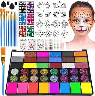 42 Colors Face Painting Kit for Kids, Non-Toxic Water Activated Face Paint Palette, Facepaint Makeup Kit with Brushes, Stencils, Gems, for Festivals, Halloween, Carnival, Birthday Parties