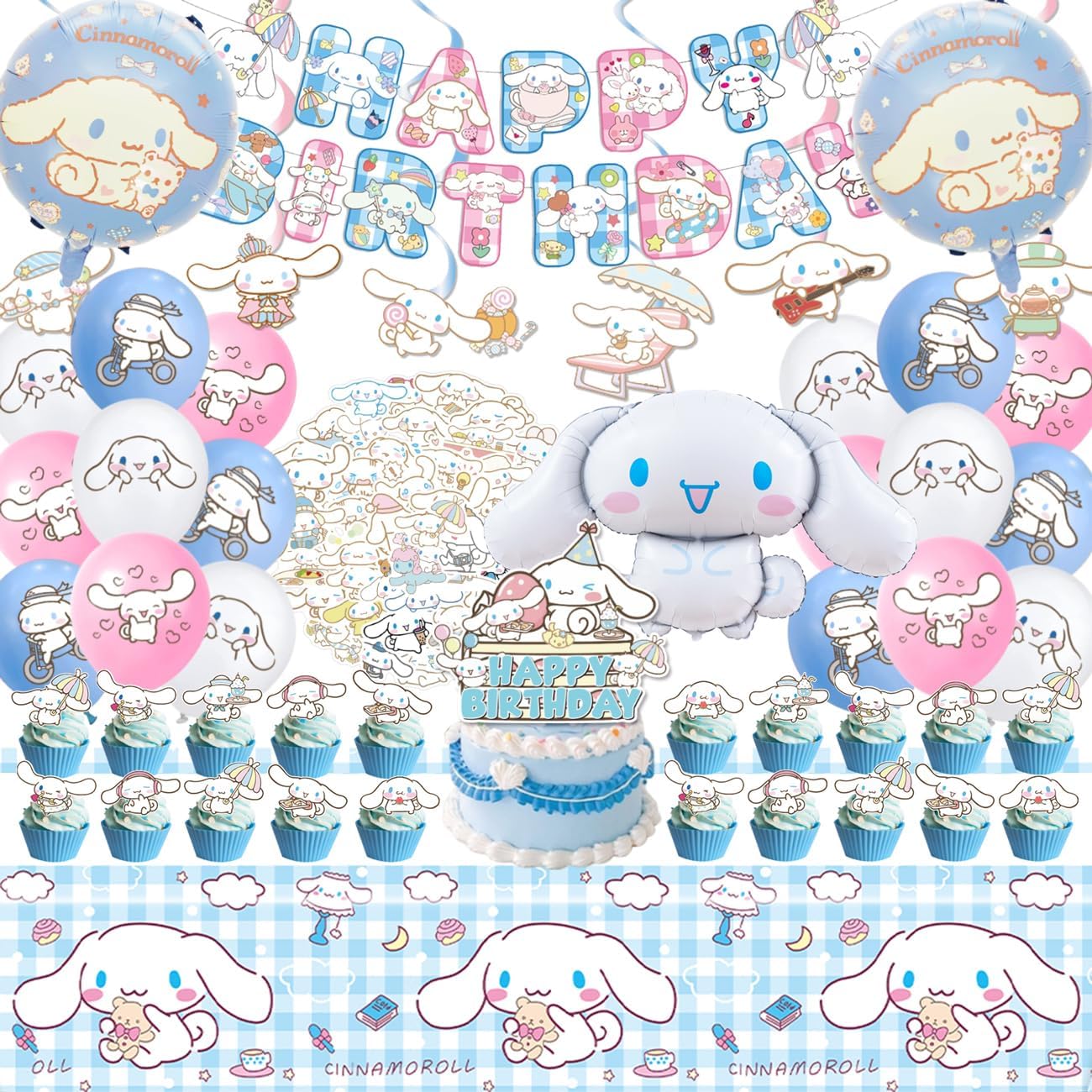 AVONO Cinnamoroll Birthday Decorations, 101pieces Party Supplies Set Include Banner, Balloons, Stickers, Hanging Swirls, Cake Cupcake Toppers, Tablecloth for Kids Cinnamoroll Theme Party