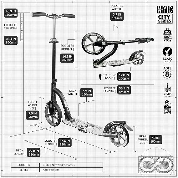 Crazy Skates Foldable Kick Scooter - kick Scooters for Adults, Teens and Kids with Carrying Strap - Fast Folding, Adjustable Handlebars and Lightweight - New York City Scooter (NYC) - Black