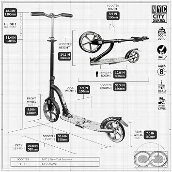Crazy Skates Foldable Kick Scooter - kick Scooters for Adults, Teens and Kids with Carrying Strap - Fast Folding, Adjustable Handlebars and Lightweight - New York City Scooter (NYC) - Black