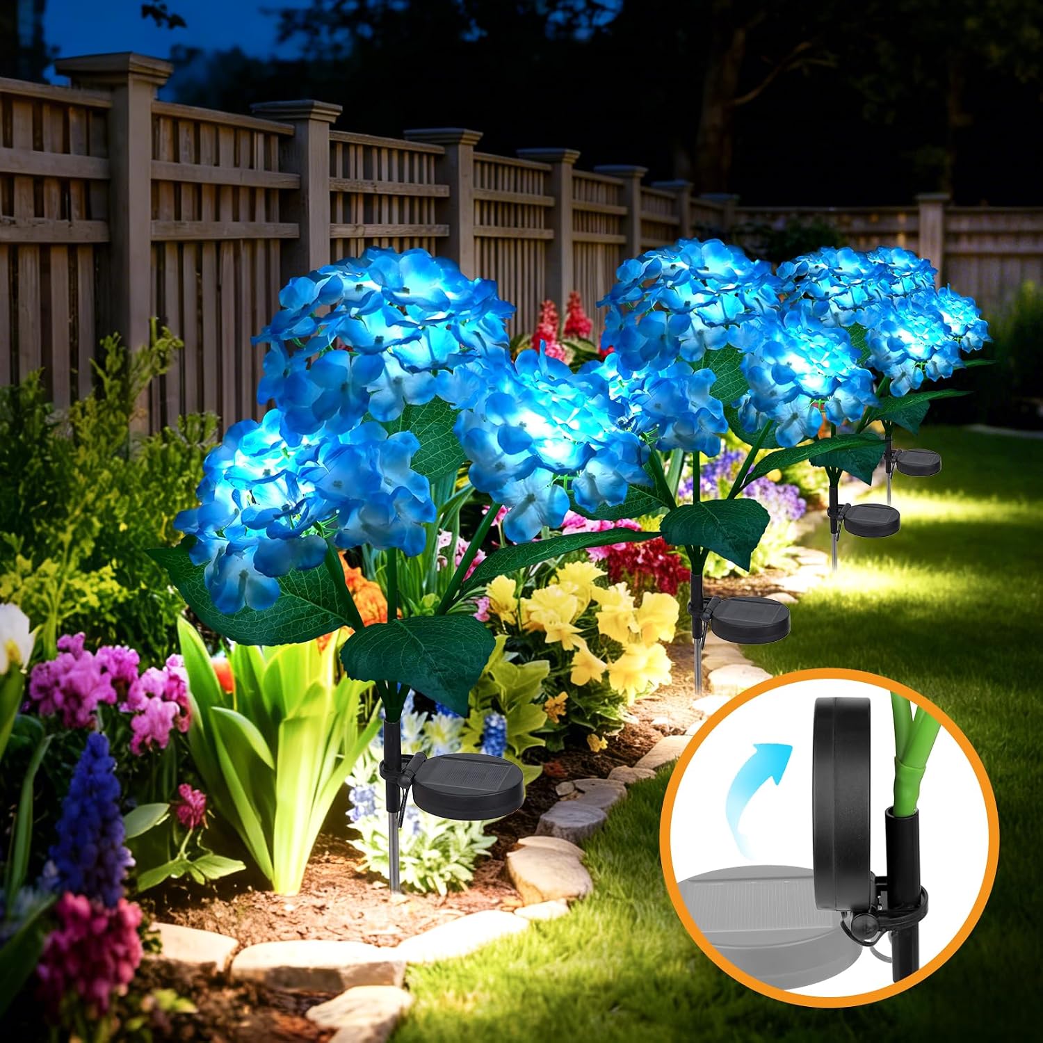 Solar Garden Lights 4 Pack, LED Blue Hydrangea Waterproof Auto On/Off | Large solar panel speeds up charging. Waterproof for yard, patio & walkway, lovely garden gift for mom.