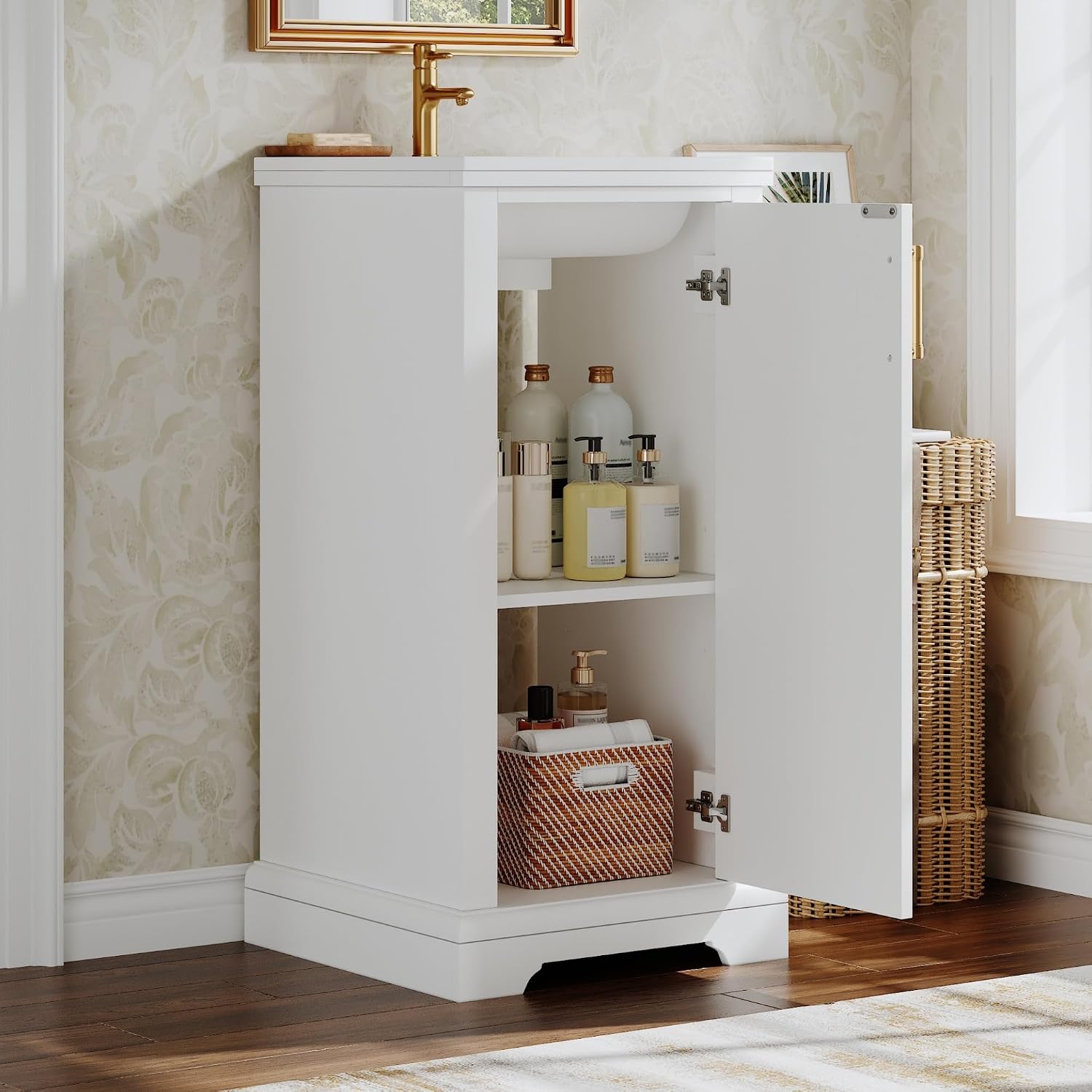 16" French Style Bathroom Vanity Set, Bathroom Cabinet with Sink with Soft-Close, Bathroom Cabinet with Adjustable Shelf for Small Bathrooms, White