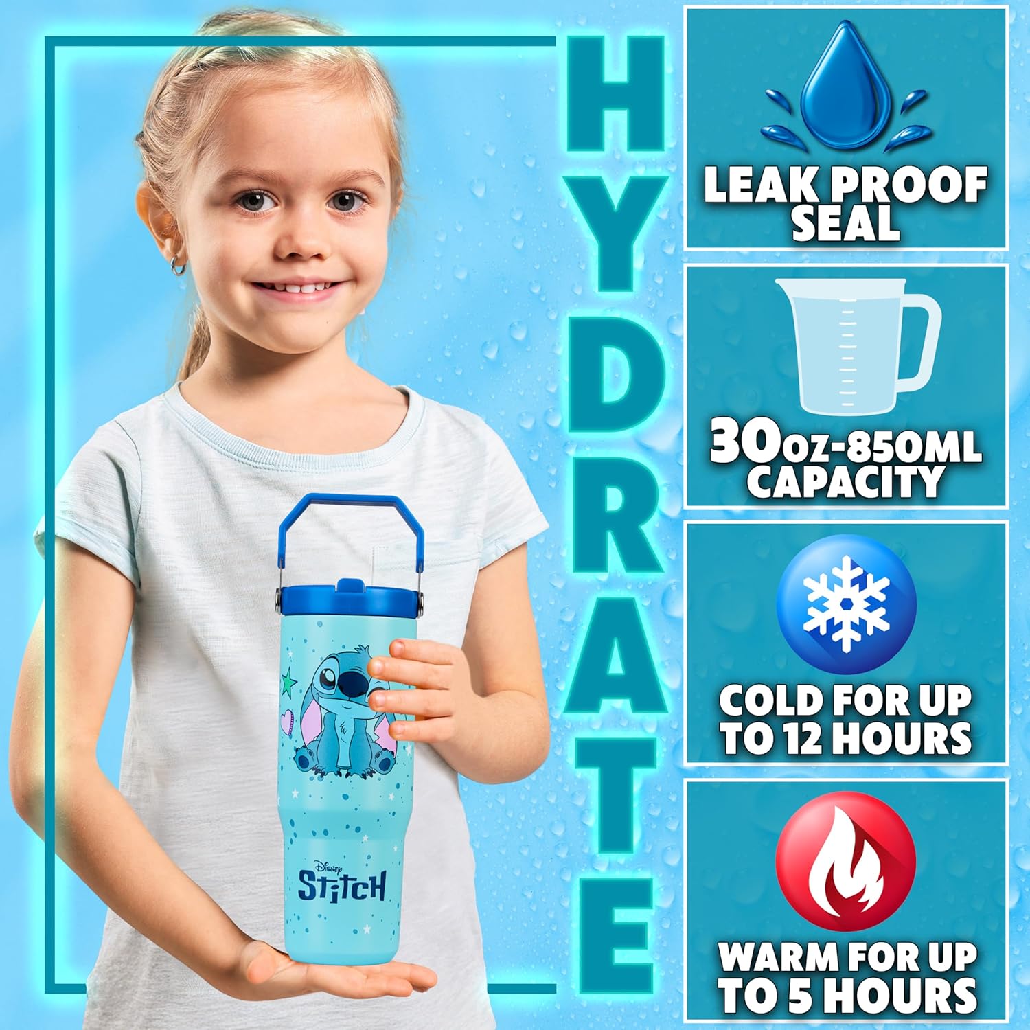 Get Trend Disney Stitch Tumbler with Straw 30oz Kids Teens Insulated Cup with Lid Handle Travel Mug Cups with Lids for School Sports Gifts for Kids (Blue Stitch) - Image 2