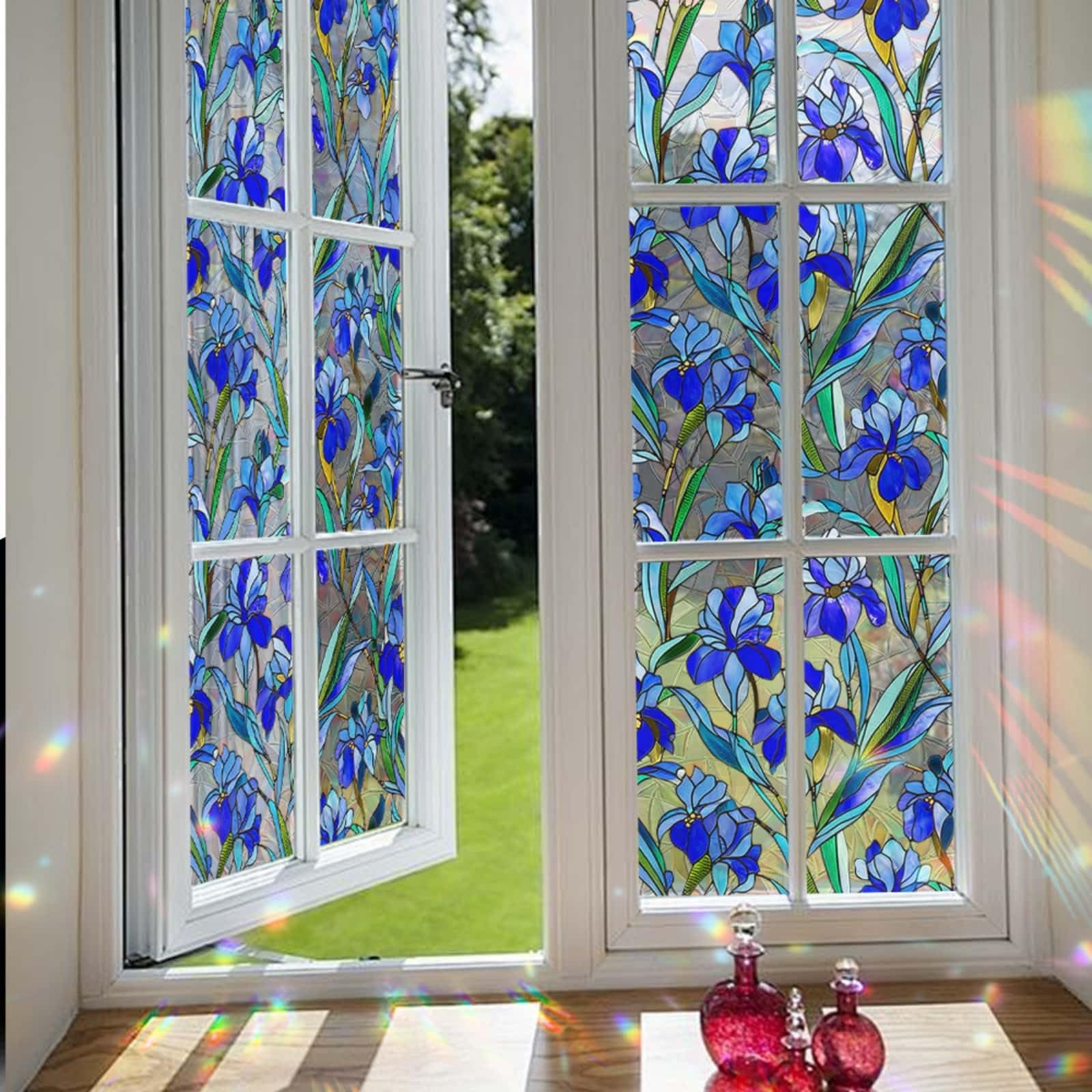 Window Film Privacy 43x100cm Bright Blue Privacy Film for Glass Windows Office Kitchen Living Room Bathroom Opaque Reusable Window Stickers for Glass