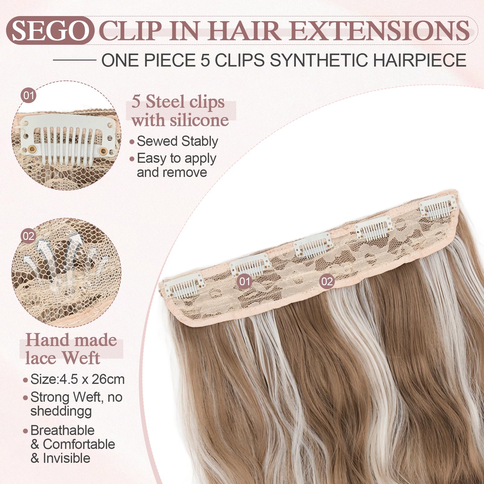 SEGO 20 Inch One Piece Clip In Hair Extensions Long Wavy Synthetic Clip In Hairpiece With 5 Secure Clips, Iced Mocha Blonde - Image 2