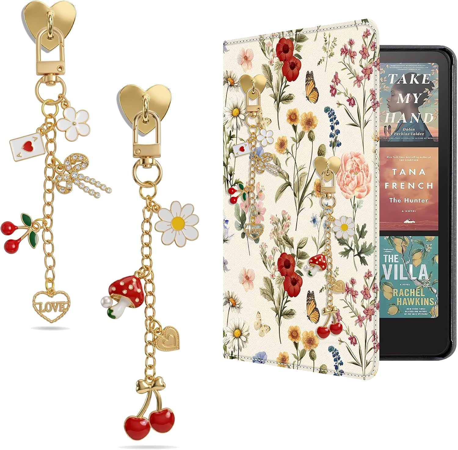 cioatu 2Pcs E-Reader Charm Chain Set with Removable Heart Hooks, Cherry & Flower for Kindle Charm Chain, Cute PhoneCharm Keychain Accessories Reading Accessories Charms for Kindle, Phone, Tablet