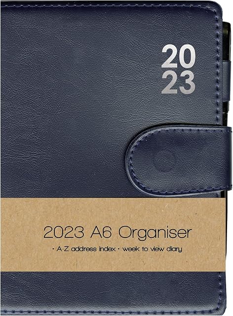 DESIGN GROUP 2023 Premium Navy Soft Cover Faux Leather Desk Diary Week to View Home Office Planner, A6 (105mm x 148mm)