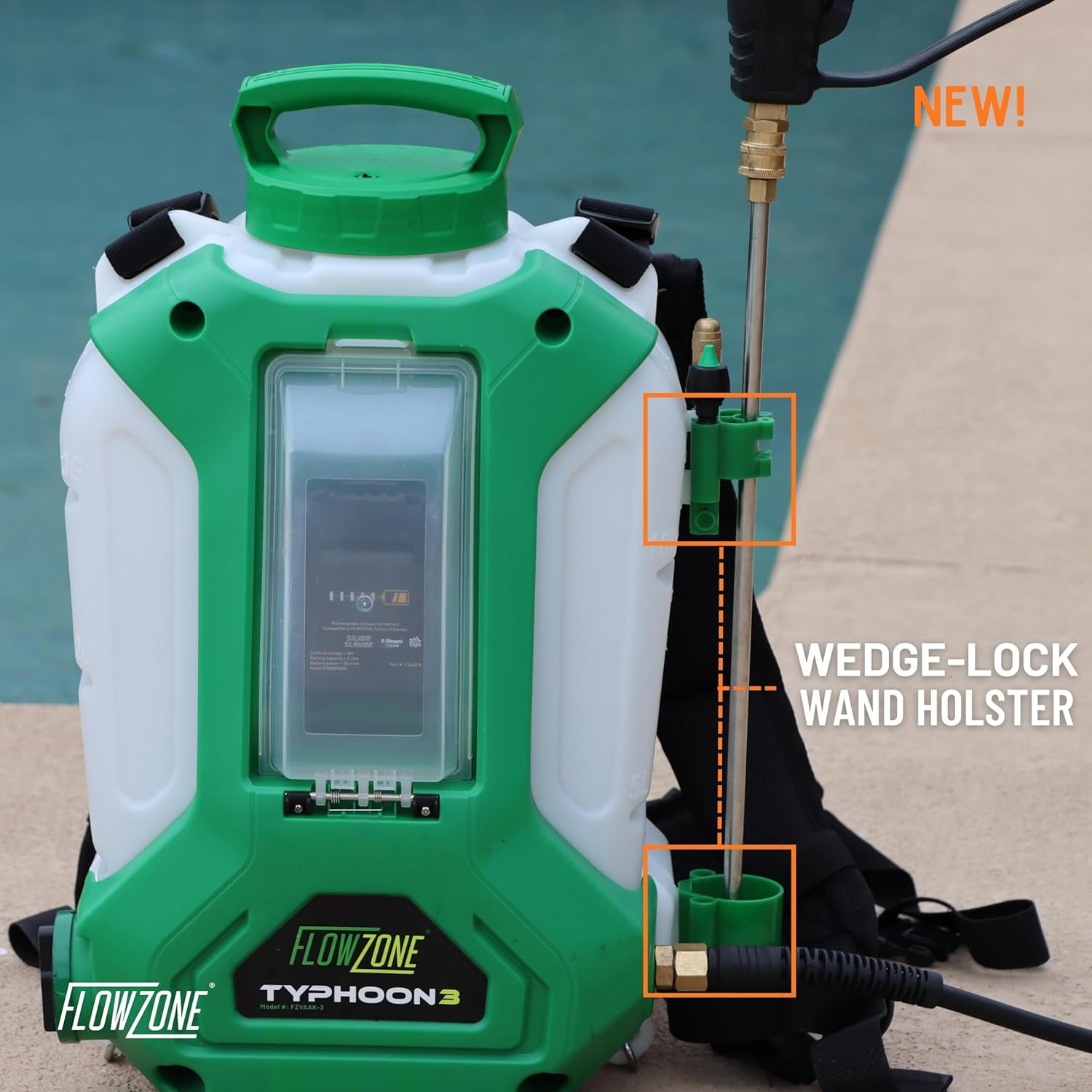 Close-up of the wedge-lock wand holster on the FlowZone Typhoon 3 sprayer.