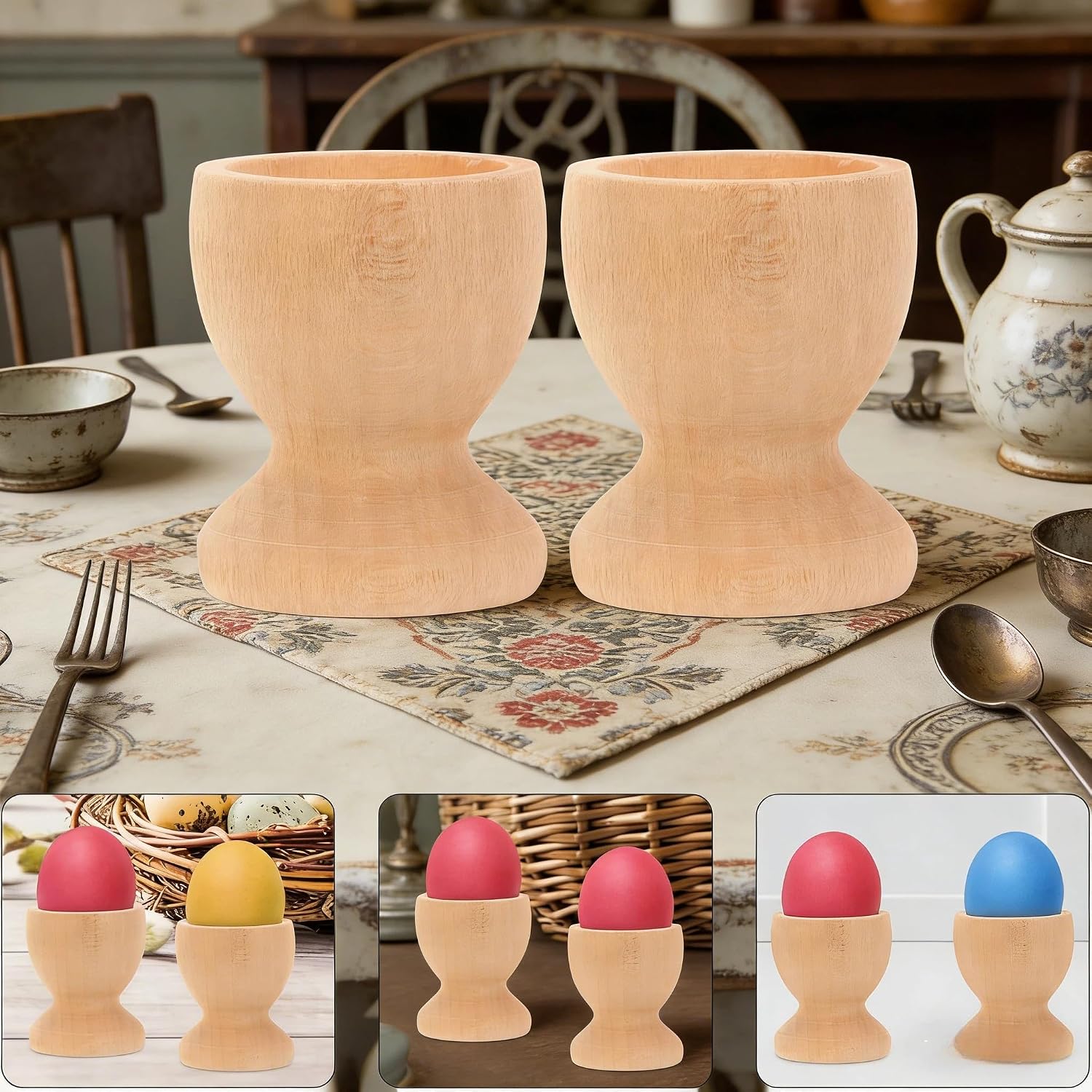 24Pcs Wooden Easter Egg Holders, DIY Craft Egg Cups Smooth Unpainted Wood Craft Stand for Easter Crafts, Tabletop Decoration