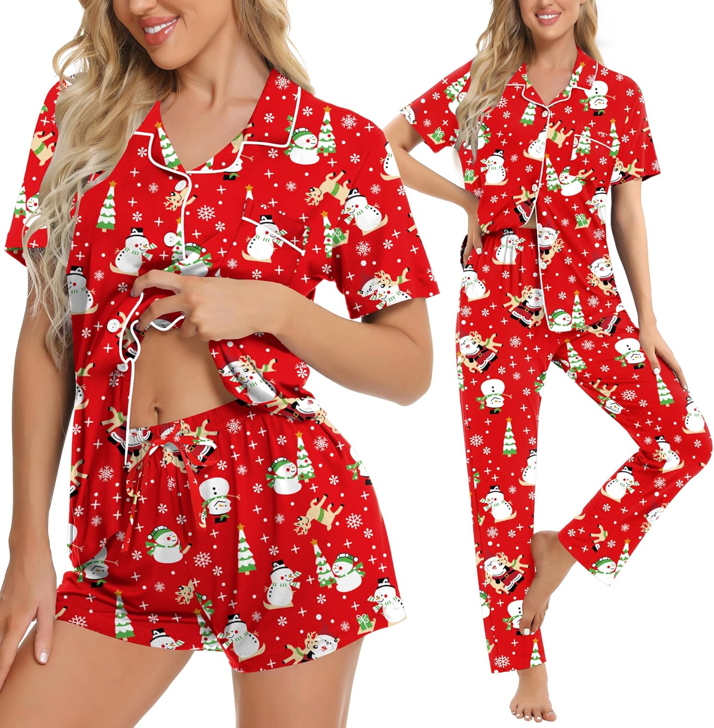 SWOMOG Womens 3pcs Button Down Pajamas Set Short Sleeve Sleepwear Bride Pj Lounge Set with Long Pants