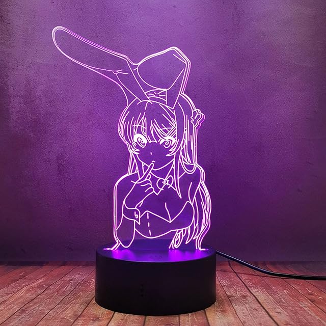 Anime Waifu Mai Sakurajima LED 3D Night Light for Bedroom Decor Cartoon Bunny Girl Sakurajima Mai Lamp with 16 Color Dimming, Touch Remote Acrylic Desk Lamp, Baby Sleep Kid Birthday Gift Bulb