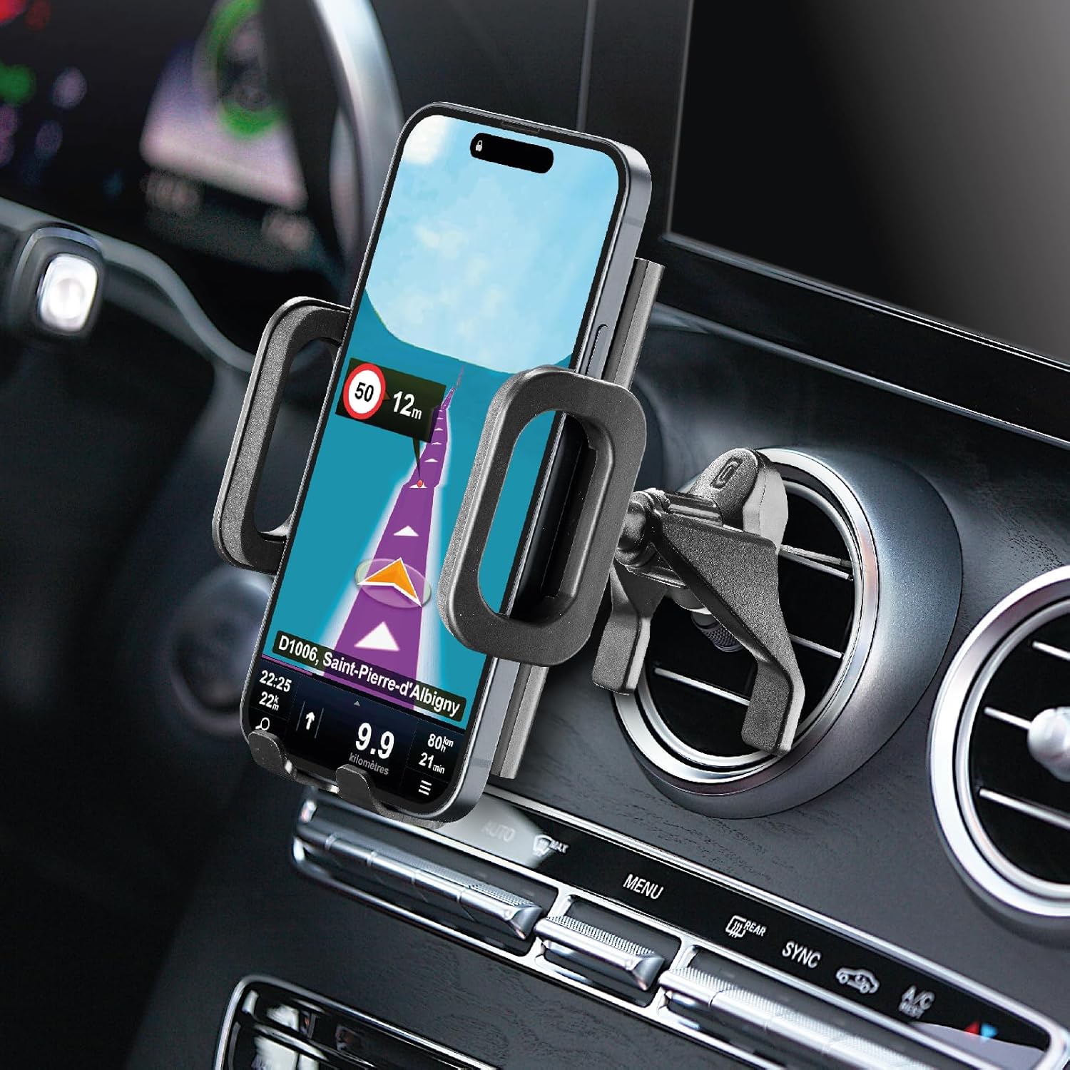 Image showing a smartphone mounted in the cellularline Hug Fit holder in a car