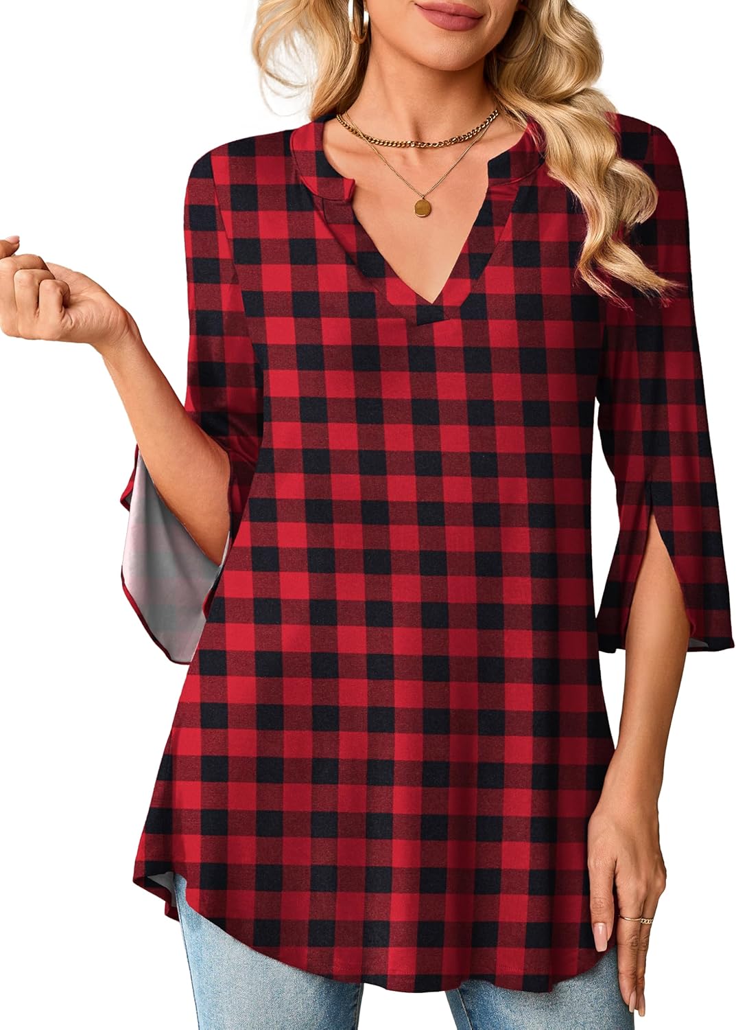 Womens Plus Size Tops 3/4 Sleeve Work Blouses Notch V Neck Tunic Tops - Image 2