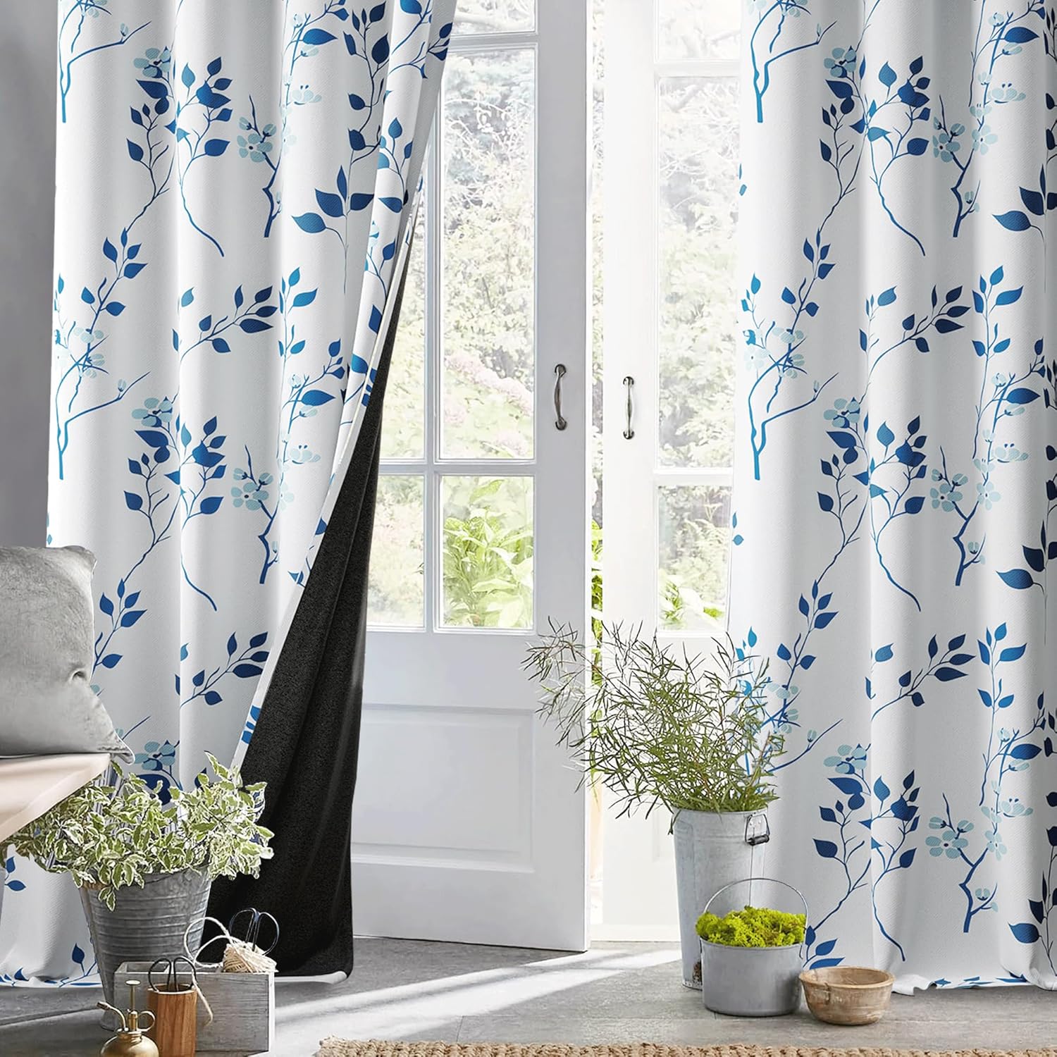 Beauoop Floral 100% Blackout Curtains 84 Inches Long 2 Panels for Bedroom Living Room Navy Blue and White Flower Patterned Room Darkening Thermal Soundproof Grommet Window Treatments Drapes, 52X84 - Image 5