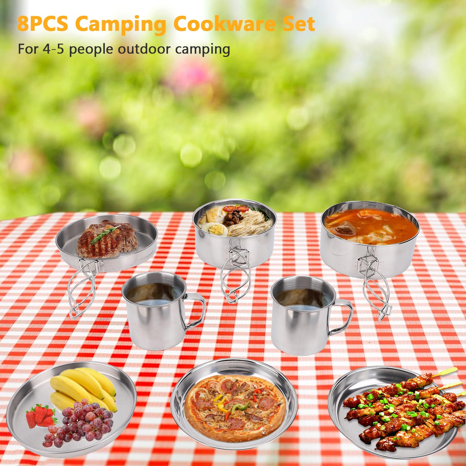 Aomiun 8PCS Stainless Steel Camping Cooking Set Cookware Mess Kit Cook Pots and Pan Set with Plates Cups, Lightweight Camping Cookware for Hiking Backpacking Outdoor Cooking and Picnic