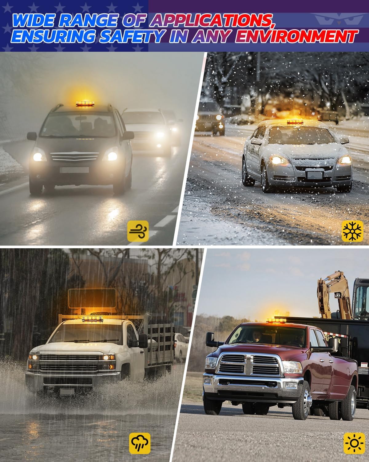 LUMENIX Amber 72 LED Roof Top Strobe Beacon Lights Magnetic Emergency Warning Caution Traffic Flashing Light Bar for Construction Vehicles Snowplow Towing Trucks Mail Postal(American Flag Pattern)