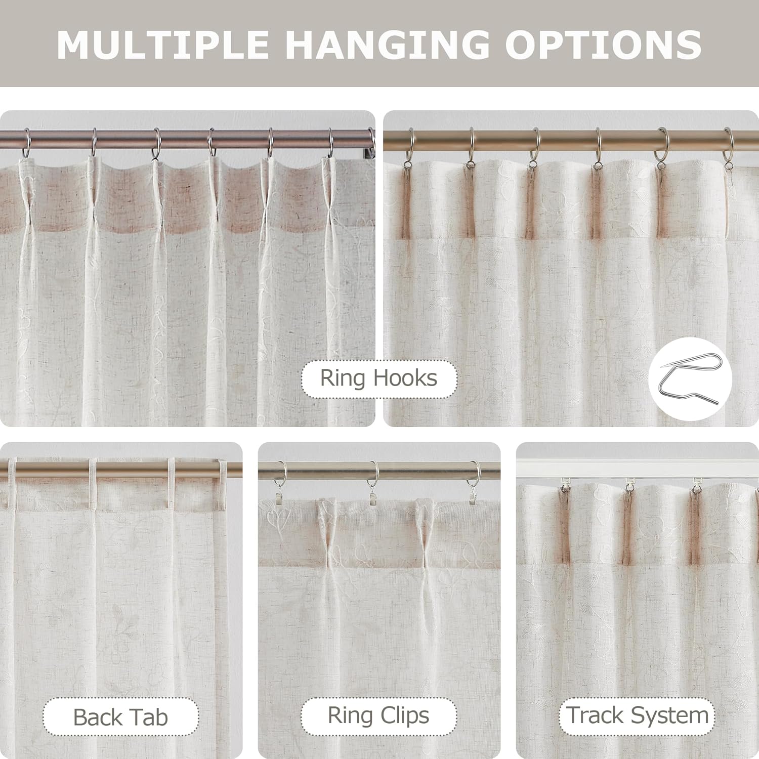 Vision Home Natural Linen Floral Pinch Pleated Sheer Curtains Embroidered Leaf Patterned Rustic Light Filtering Window Treatment for Living Room Bedroom Pleat Drapes with Back Tab Hooks 40" Wx90 Lx2