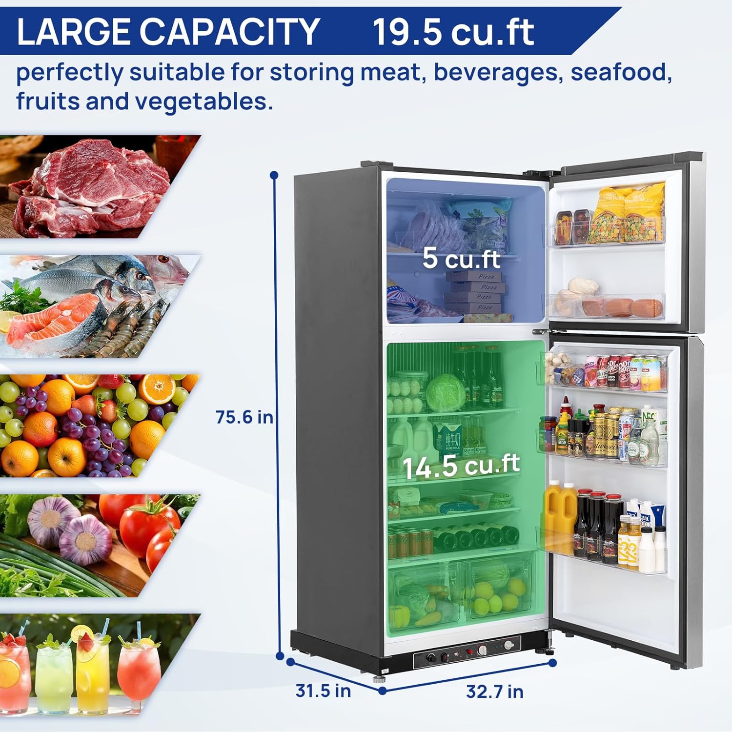 Smad Propane Refrigerator, 19.5 cu.ft Off Grid Propane Refrigerator with Freezer,110V/LPG Propane Fridge with Top Freezer, for Garage,RV,Cabin,Food Truck,Cottages Use