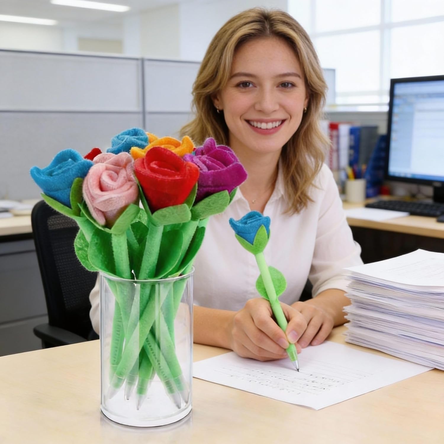 Teling Mothers Day Stuffed Rose Flower Ballpoint Pens Reliable Roses Plush Bouquet Pens Assorted Rose Flower Gifts for Mother Teachers Birthday Office Supplies Party Favor(48 Pieces)