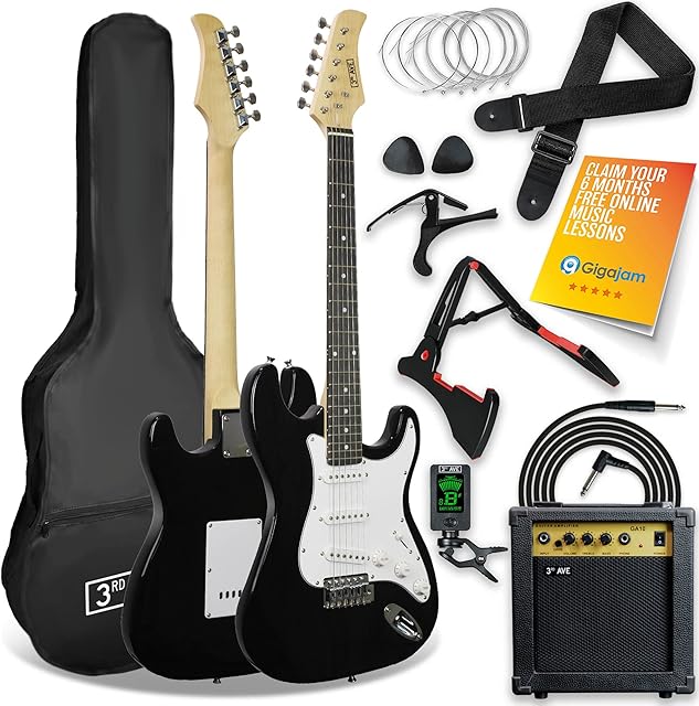 3rd Avenue XF Full Size 4/4 Electric Guitar Ultimate Kit with 10W Amp, Digital Tuner, Cable, Stand, Gig Bag, Strap, Spare Strings, Picks, Capo Black